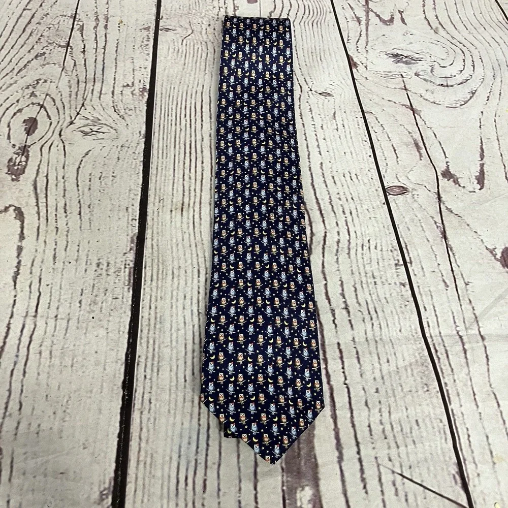 Battistoni Roma Owl Moon Stars‎ Novelty Silk Tie Handmade In Italy Blue